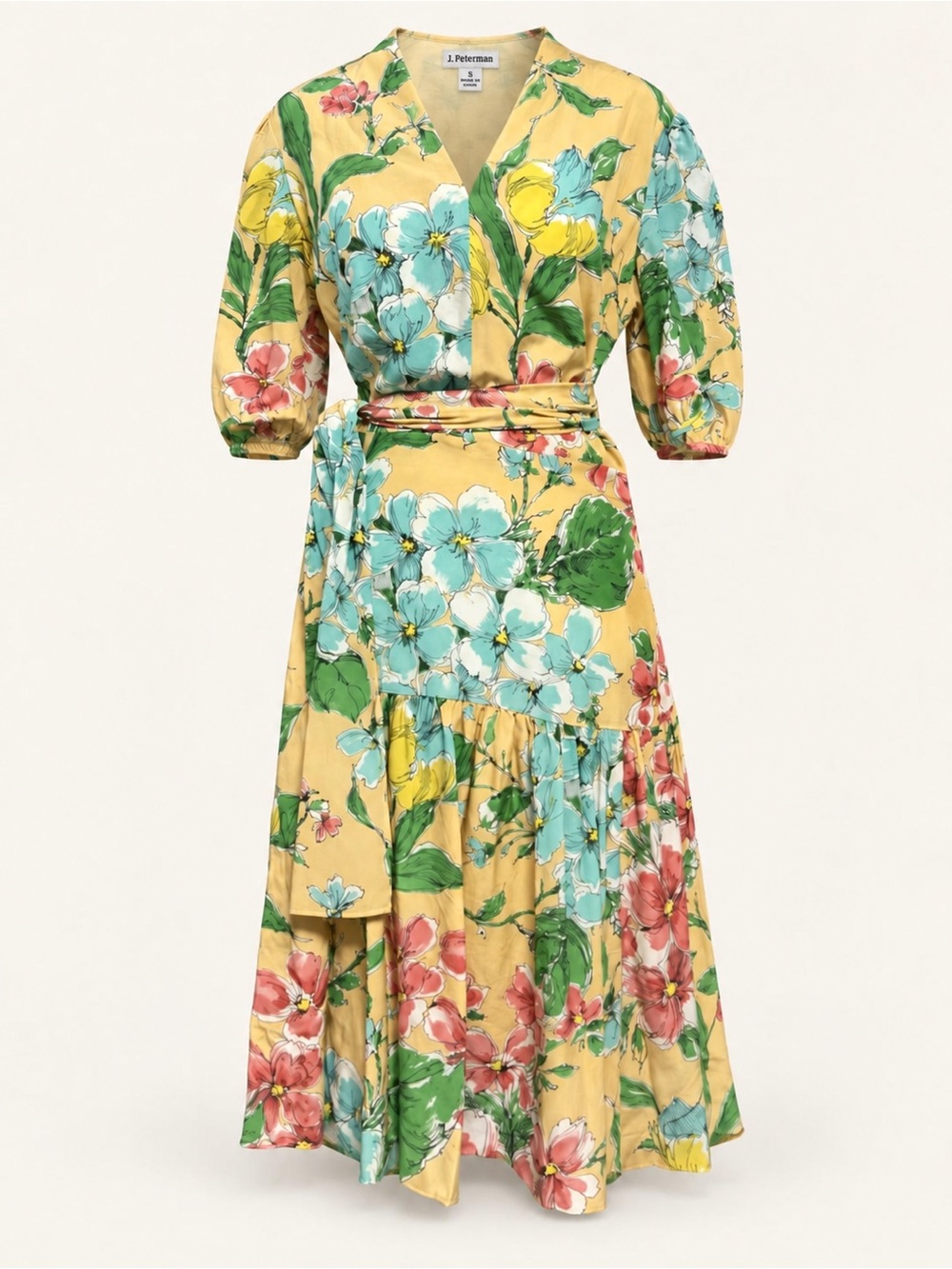 J. Peterman Silk Floral Faux Wrap Puff Sleeve Midi Dress Size S
